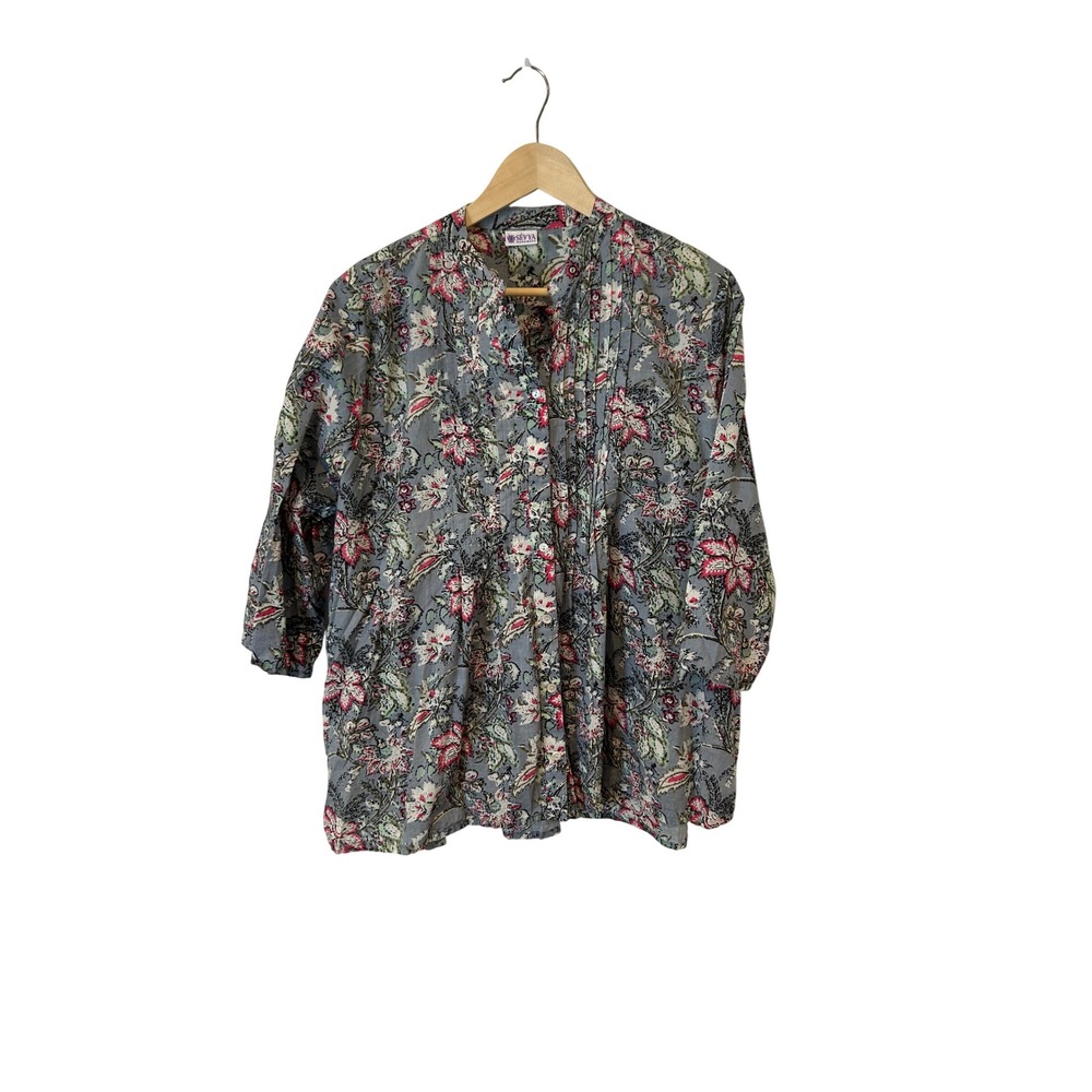 Sevya Handmade Blouse Womens Large Blue Floral Pintuck Cotton 3/4 Sleeve